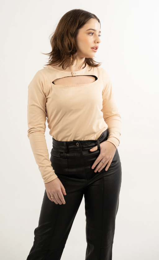 New Arrival - Reversible Black and Beige Keyhole Long Sleeve Top Stylish Versatile Blouse.