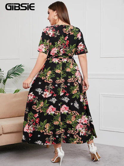 Plus Size Boho Floral Print Summer Holiday Short Sleeve Maxi Dress.