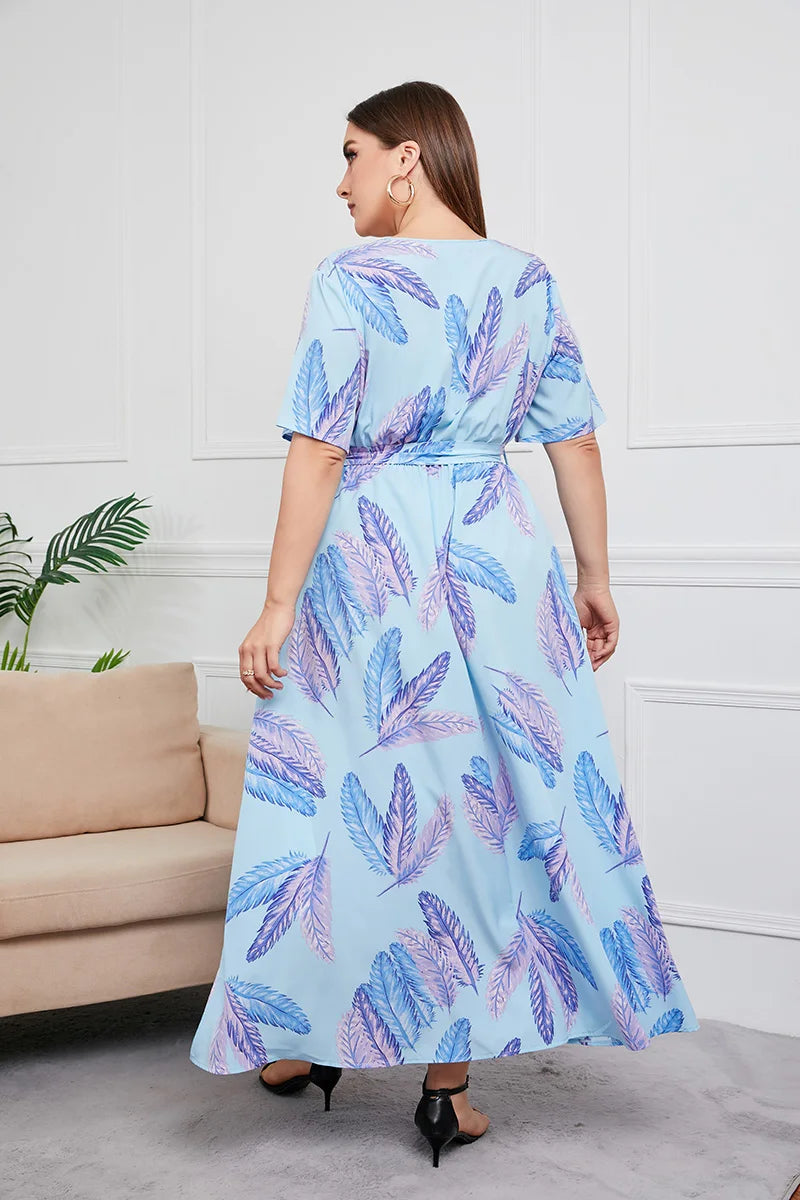 Plus Size Boho Floral Print Summer Holiday Short Sleeve Maxi Dress.