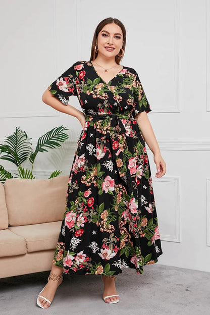 Plus Size Boho Floral Print Summer Holiday Short Sleeve Maxi Dress.