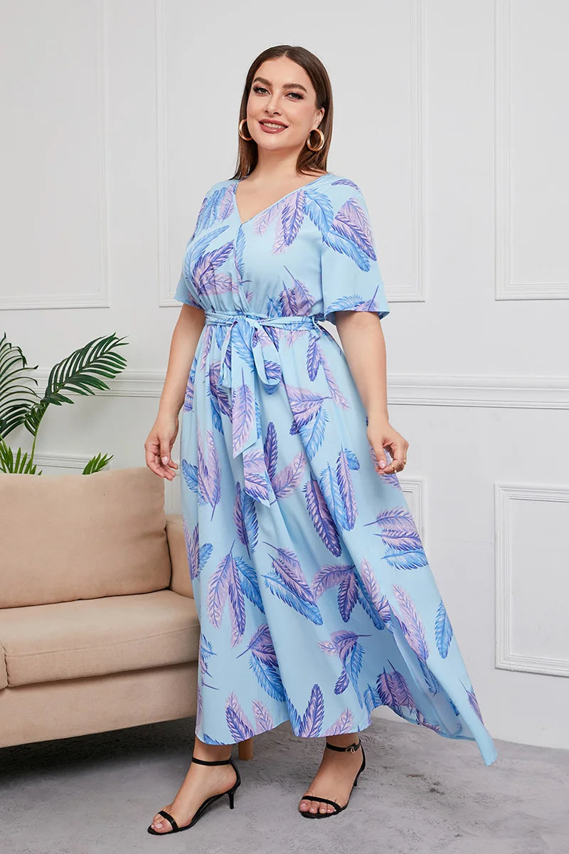 Plus Size Boho Floral Print Summer Holiday Short Sleeve Maxi Dress.