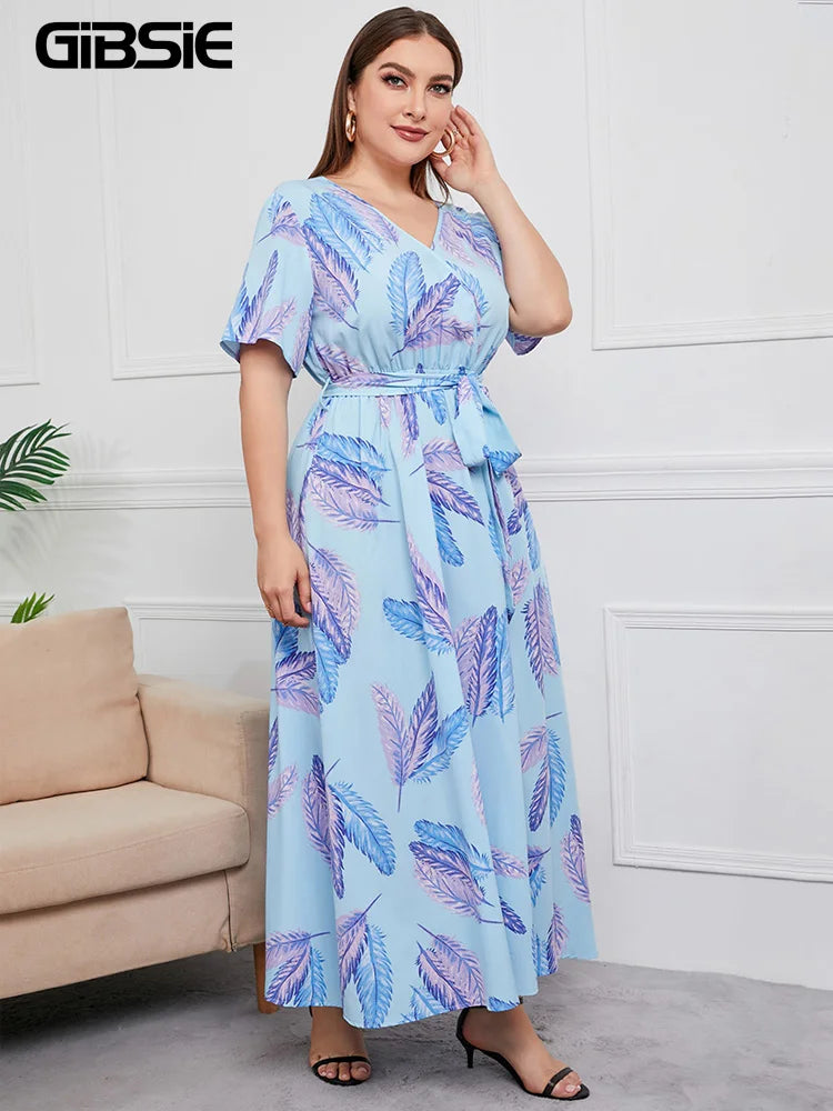 Plus Size Boho Floral Print Summer Holiday Short Sleeve Maxi Dress.