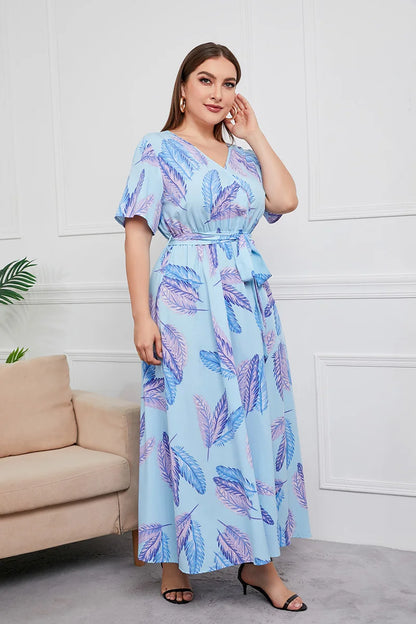 Plus Size Boho Floral Print Summer Holiday Short Sleeve Maxi Dress.