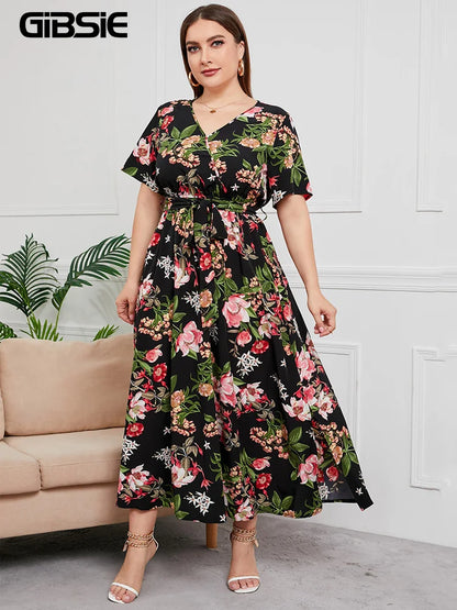 Plus Size Boho Floral Print Summer Holiday Short Sleeve Maxi Dress.