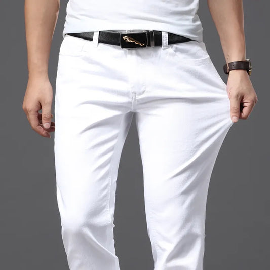 Men White Jeans Fashion Casual Classic Style Slim Fit Soft Trousers Stretch JEANS Pants