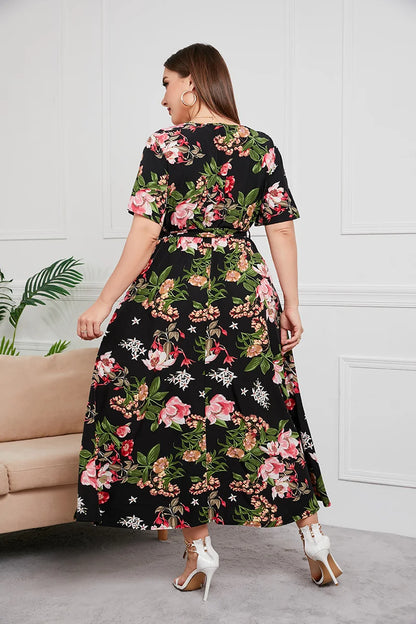 Plus Size Boho Floral Print Summer Holiday Short Sleeve Maxi Dress.