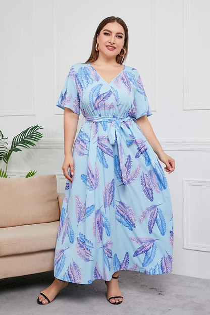 Plus Size Boho Floral Print Summer Holiday Short Sleeve Maxi Dress.