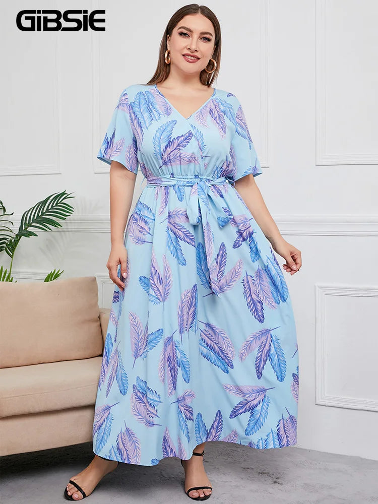 Plus Size Boho Floral Print Summer Holiday Short Sleeve Maxi Dress.