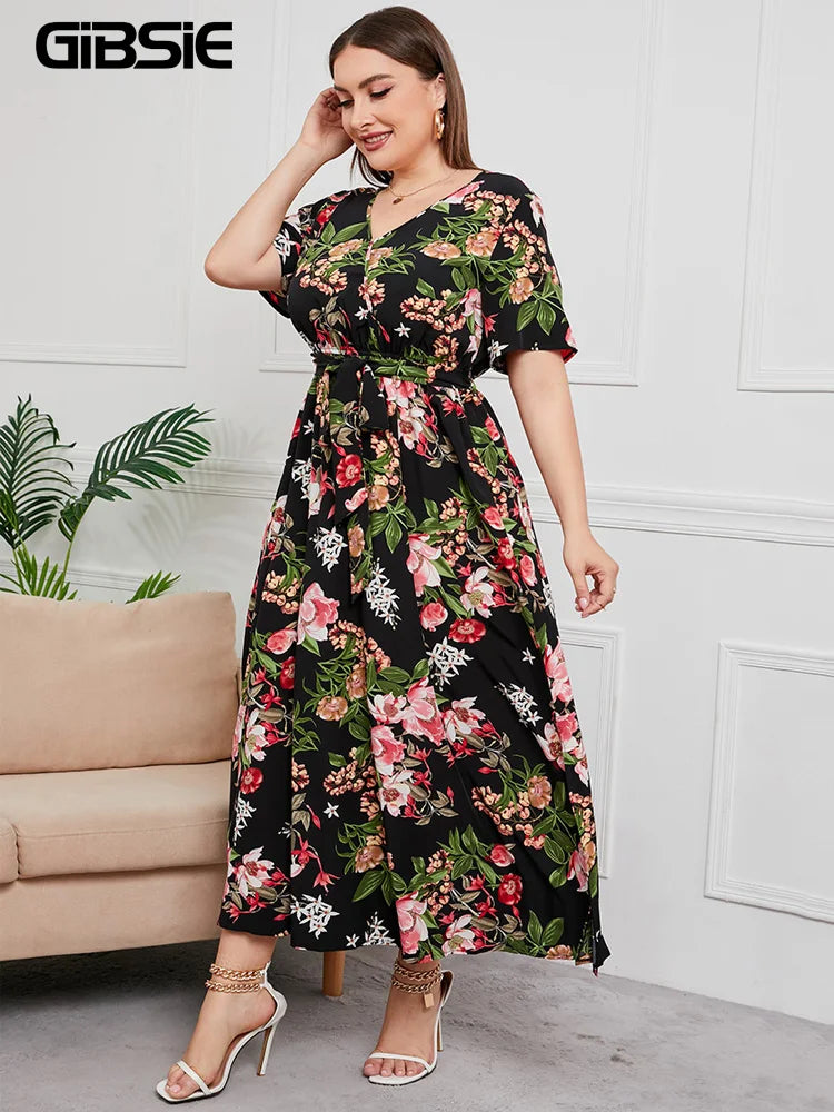 Plus Size Boho Floral Print Summer Holiday Short Sleeve Maxi Dress.