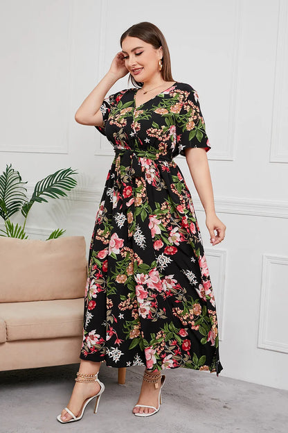 Plus Size Boho Floral Print Summer Holiday Short Sleeve Maxi Dress.