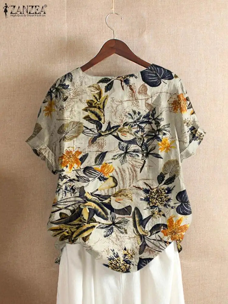 Women Cotton Shirt Causal O-neck Tunic Fashion Floral Printed Tops