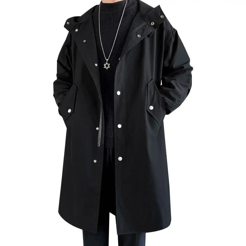 Men Long Trench Hooded Vintage Black Coats