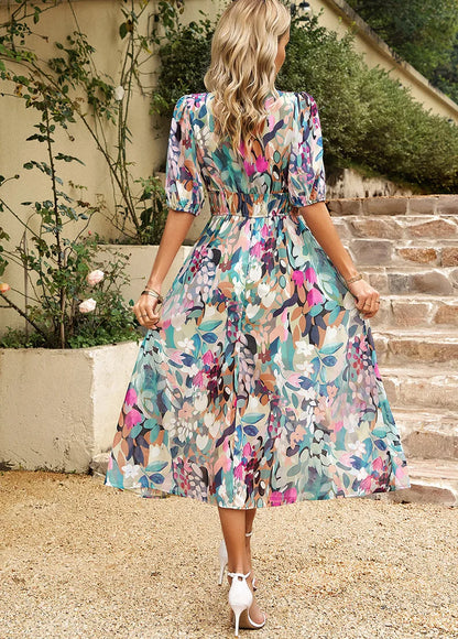 Women's Bohemian Floral Print Short Sleeve Beach Dress