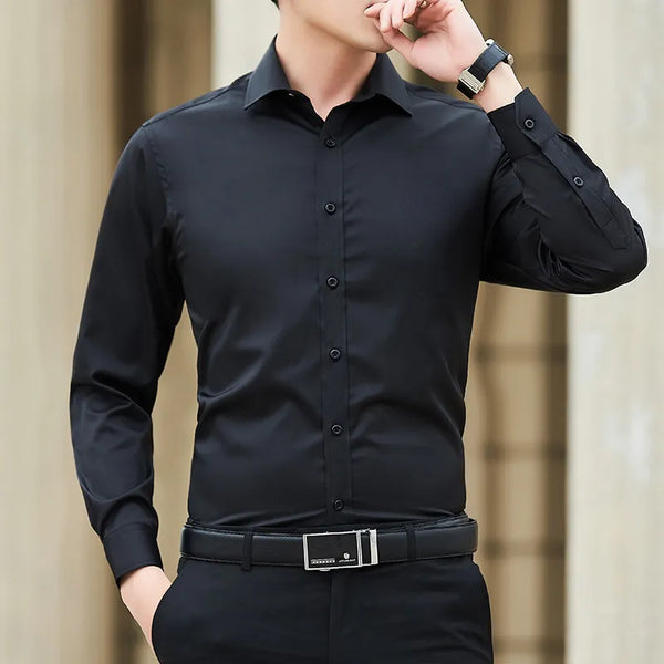 Men Business Shirt Fashion Classic Basic Casual Slim White Long Sleeve Shirt