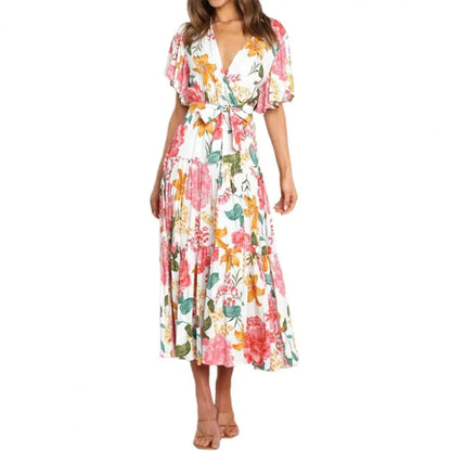 New Arrival - Bohemian Floral Print Long Dress Beach Holiday Short Sleeve Maxi Dress