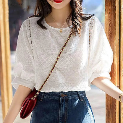 Women Embroidery Cotton Lace O-neck Casual Blouses Sleeve Loose Top
