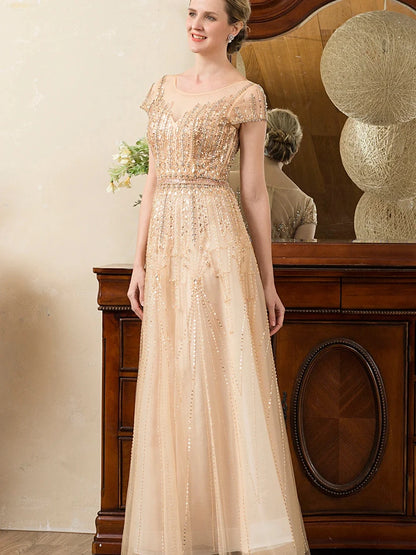 Elegant Long Gown with Sequins and Beads Classic Short Sleeve Mother of the Bride Dress.