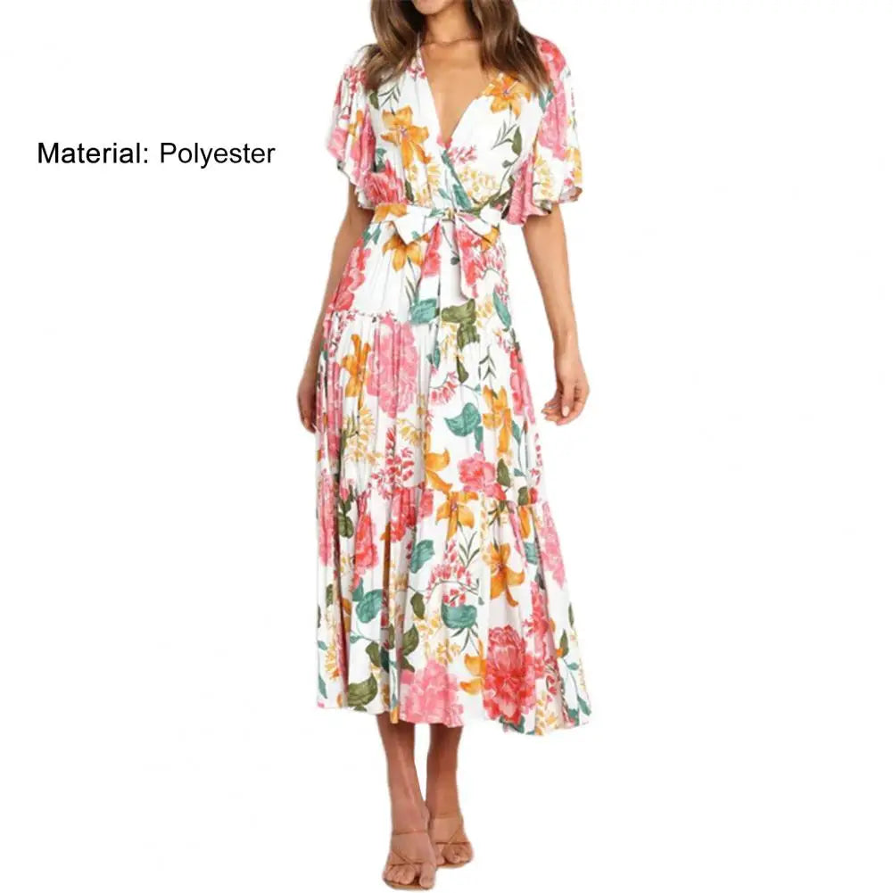 New Arrival - Bohemian Floral Print Long Dress Beach Holiday Short Sleeve Maxi Dress