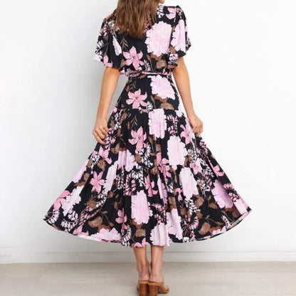 New Arrival - Bohemian Floral Print Long Dress Beach Holiday Short Sleeve Maxi Dress