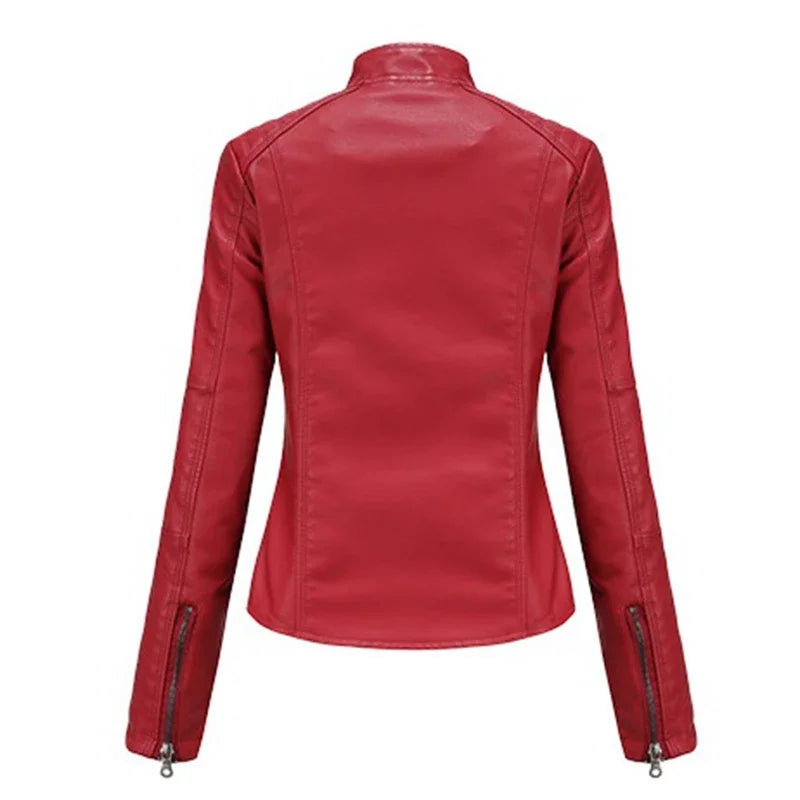 Women's Moto Biker Zipper Jacket Red Black Coat New Outerwear Brown XS Purple Navy