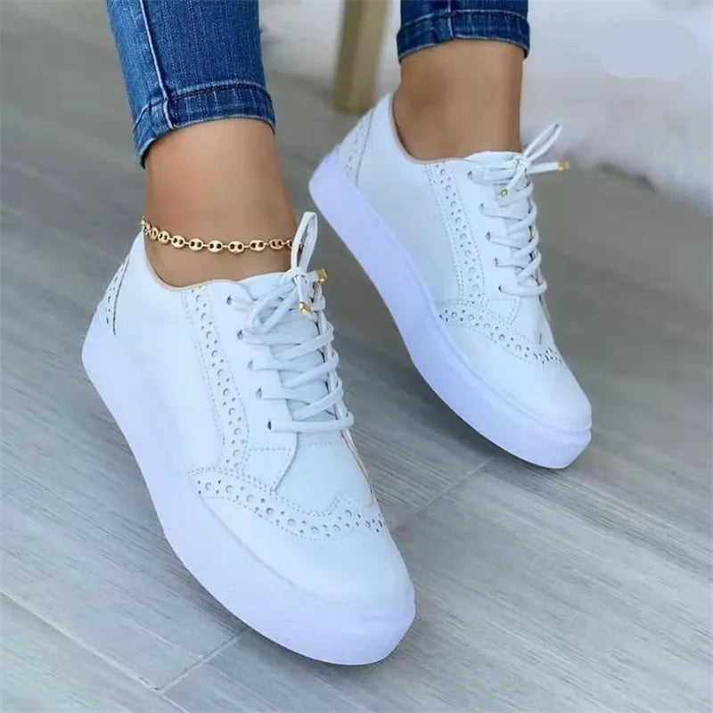 Women's Low-top Vulcanized Shoes Round Toe Casual Shoes Flat Shoes Lace-up Walking Shoes Comfortable