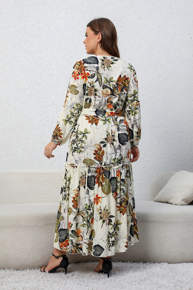 Plus Size Floral Print Belted Maxi Dress for Women