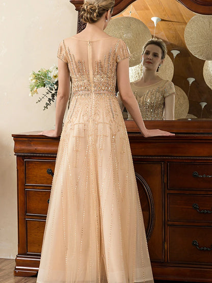 Elegant Long Gown with Sequins and Beads Classic Short Sleeve Mother of the Bride Dress.