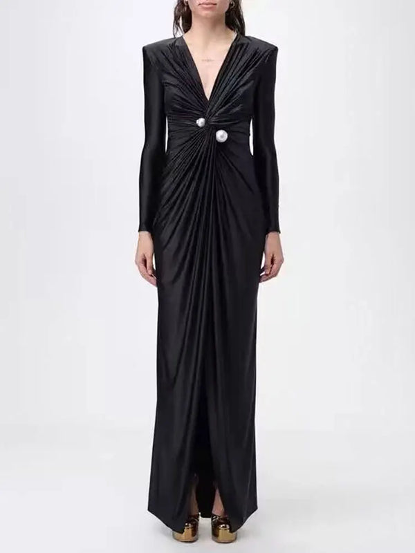 Women’s Elegant Deep V Neck Black Maxi Dress Long Sleeve Party Gown