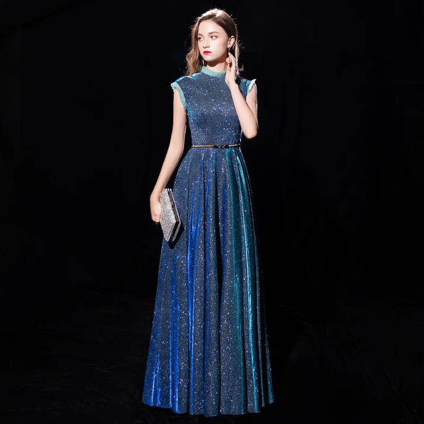 Elegant Peacock Blue Sleeveless Long Prom Dress Luxury Banquet & Party Evening Gown.