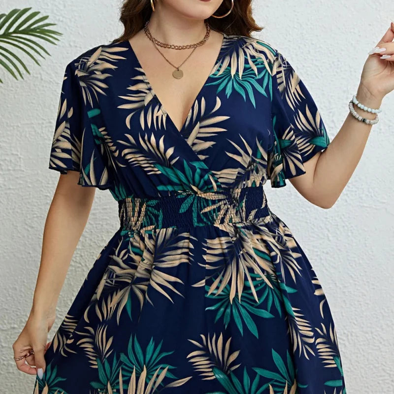 Plus Size Boho Floral Wrap Dress – V-Neck Ruffle Sleeve Casual Vacation Outfit