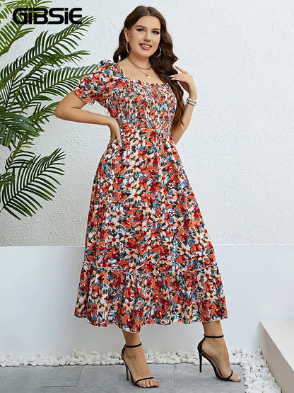 Plus Size Floral Square Neck Puff Sleeve Boho Beach Summer Long Dresses for women