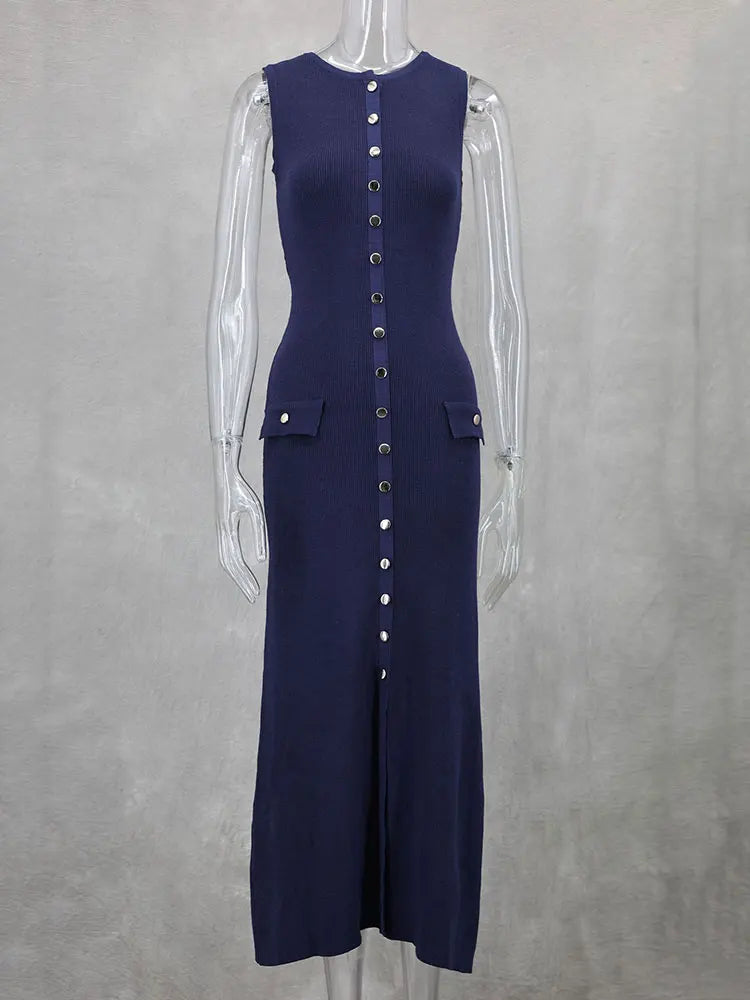 Women Elegant Sleeveless Button Knitted Long Dress Party Maxi Dress