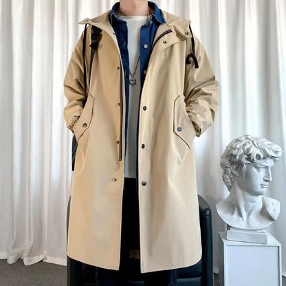 Men Long Trench Hooded Vintage Black Coats