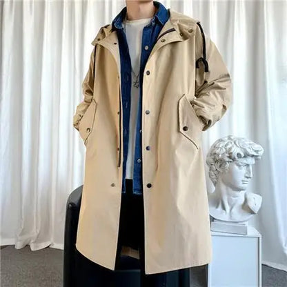 Men Long Trench Hooded Vintage Black Coats