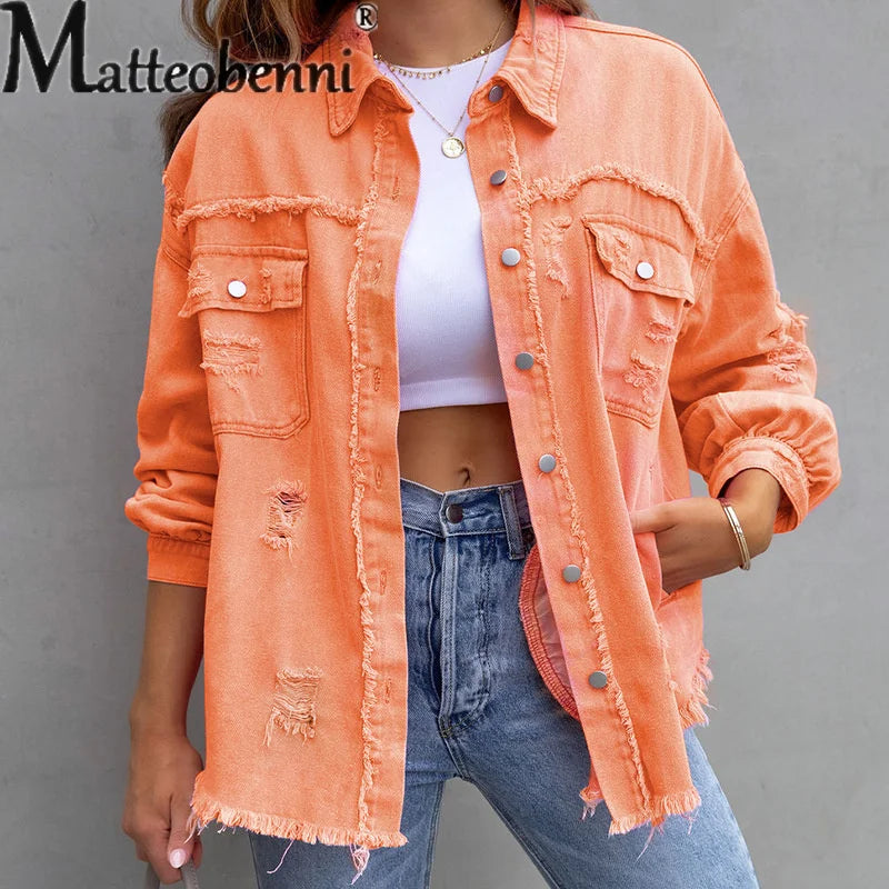 Women Pocket Denim Jacket Long Sleeves Single-breasted Cardigan Loose Women Coat