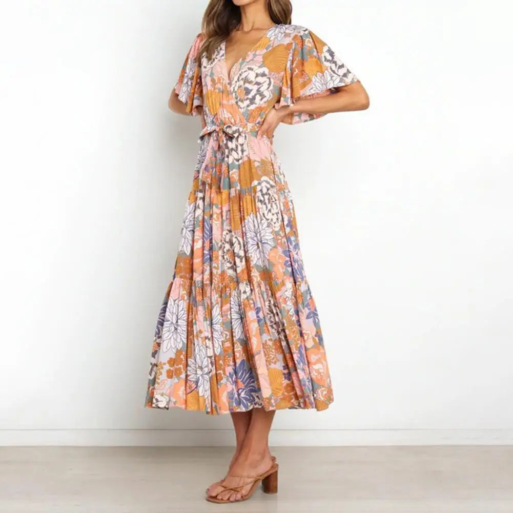 New Arrival - Bohemian Floral Print Long Dress Beach Holiday Short Sleeve Maxi Dress