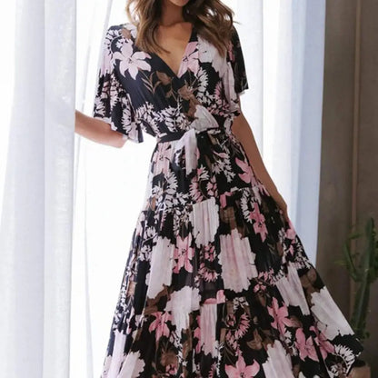 New Arrival - Bohemian Floral Print Long Dress Beach Holiday Short Sleeve Maxi Dress