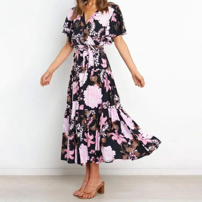 New Arrival - Bohemian Floral Print Long Dress Beach Holiday Short Sleeve Maxi Dress