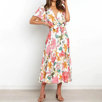 New Arrival - Bohemian Floral Print Long Dress Beach Holiday Short Sleeve Maxi Dress