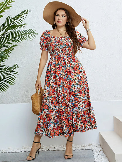 Plus Size Floral Square Neck Puff Sleeve Boho Beach Summer Long Dresses for women