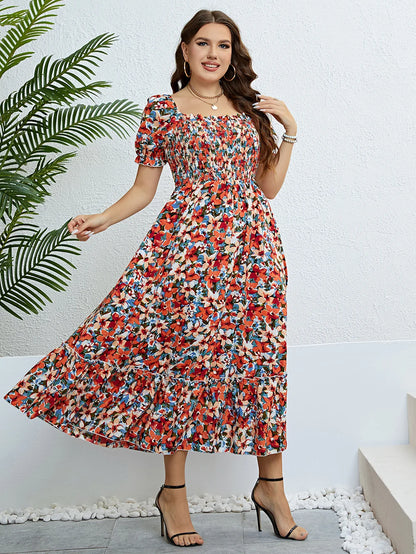 Plus Size Floral Square Neck Puff Sleeve Boho Beach Summer Long Dresses for women