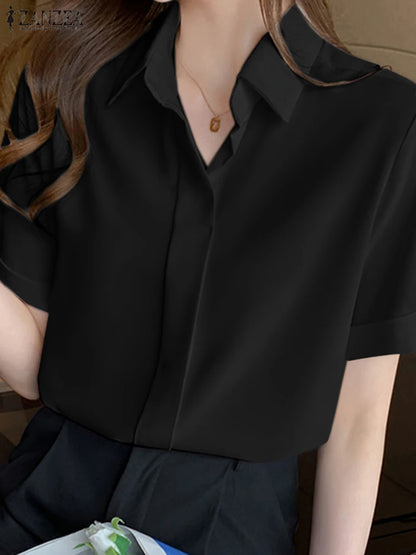 Women Summer Blouses Elegant Solid Shirts ZANZEA 2024 Casual Lapel Short Sleeve Office Lady Work Blusas Female OL Tunic Chemise