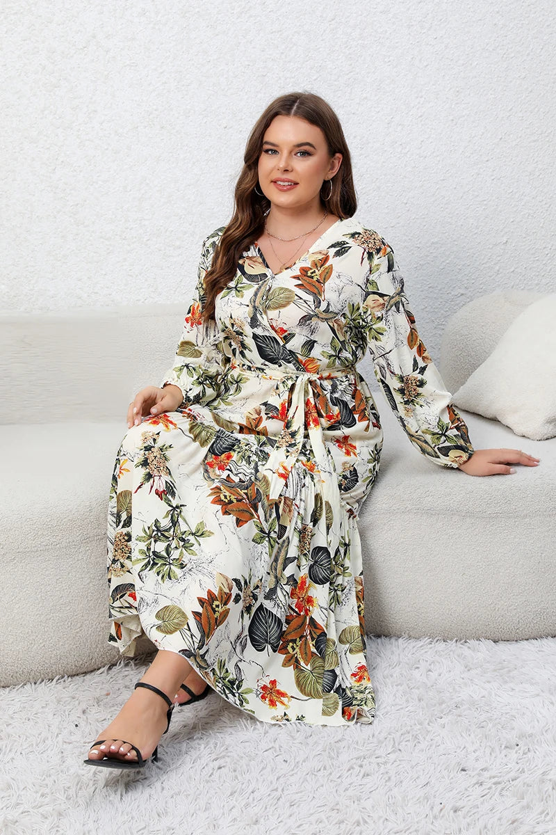 Plus Size Floral Print Belted Maxi Dress for Women