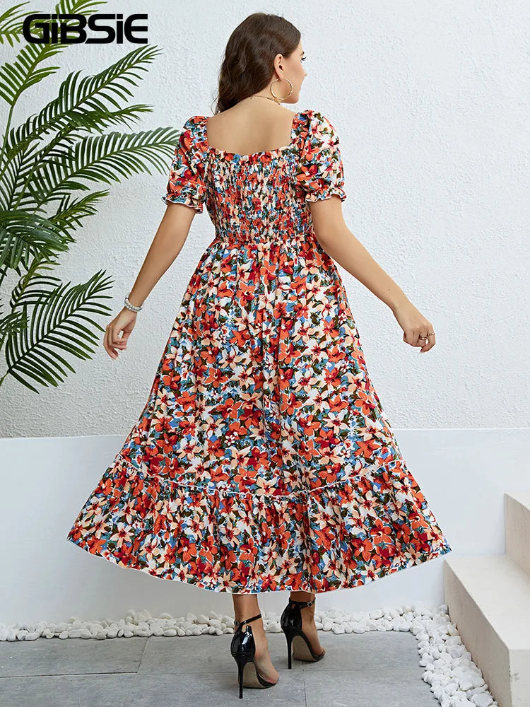 Plus Size Floral Square Neck Puff Sleeve Boho Beach Summer Long Dresses for women