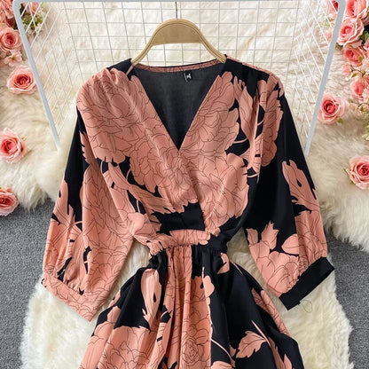 Women Floral Long Elegant Ruffle Sleeve Elastic Waist Chiffon Midi Dress