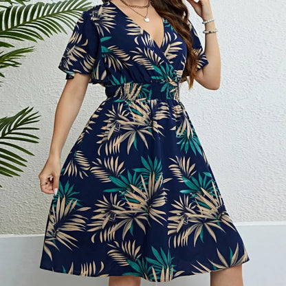 Plus Size Boho Floral Wrap Dress – V-Neck Ruffle Sleeve Casual Vacation Outfit