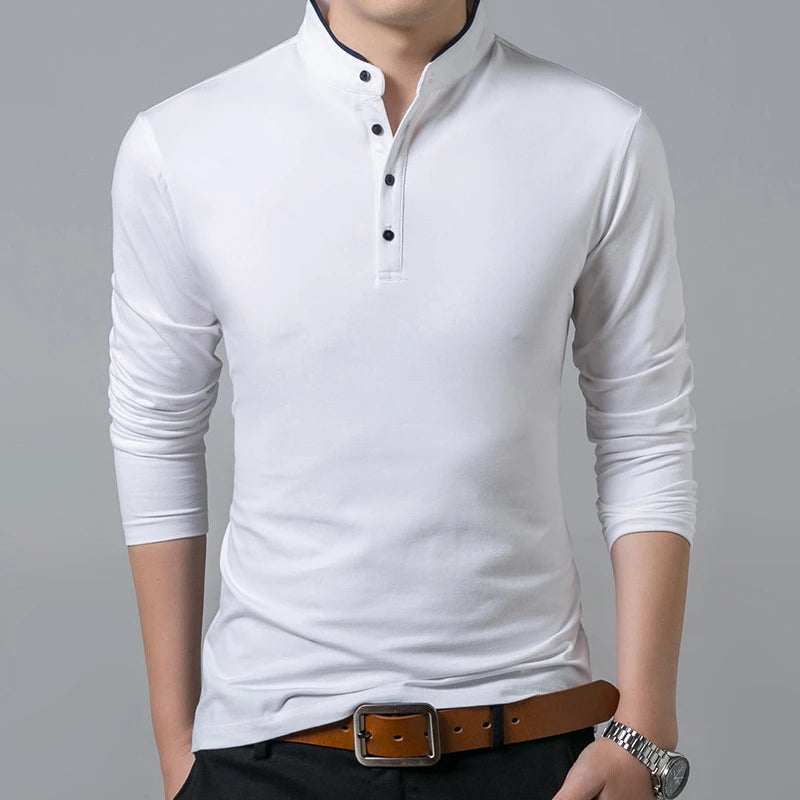 Men's Business Casual Polo Long Sleeve T-shirt Summer Comfortable and Breathable Solid Cotton Top