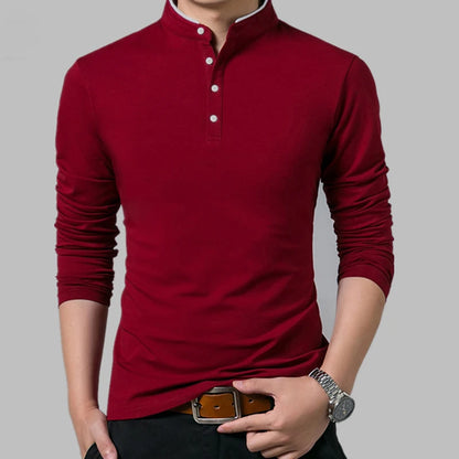 Men's Business Casual Polo Long Sleeve T-shirt Summer Comfortable and Breathable Solid Cotton Top