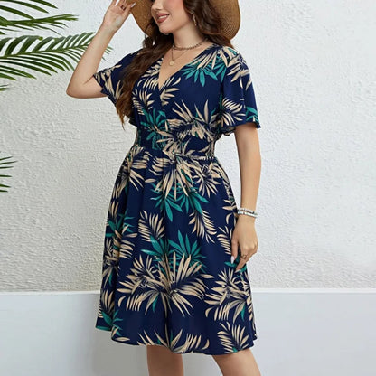 Plus Size Boho Floral Wrap Dress – V-Neck Ruffle Sleeve Casual Vacation Outfit