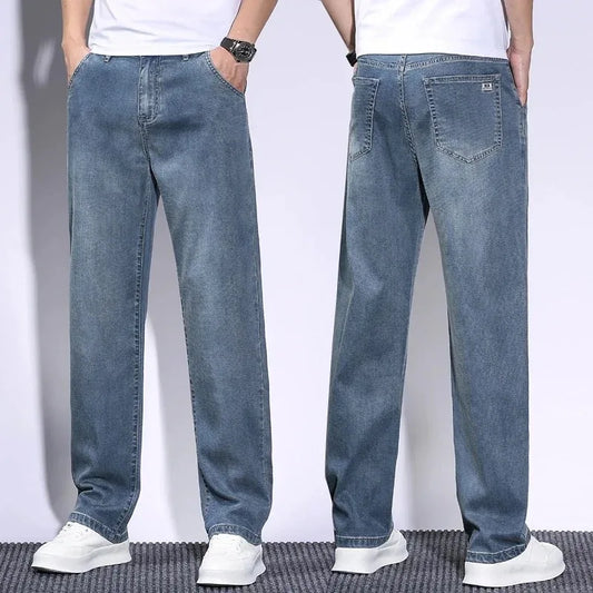 Men's Jeans Thin Loose Straight Pants Drawstring Elastic Waist Casual Jeans
